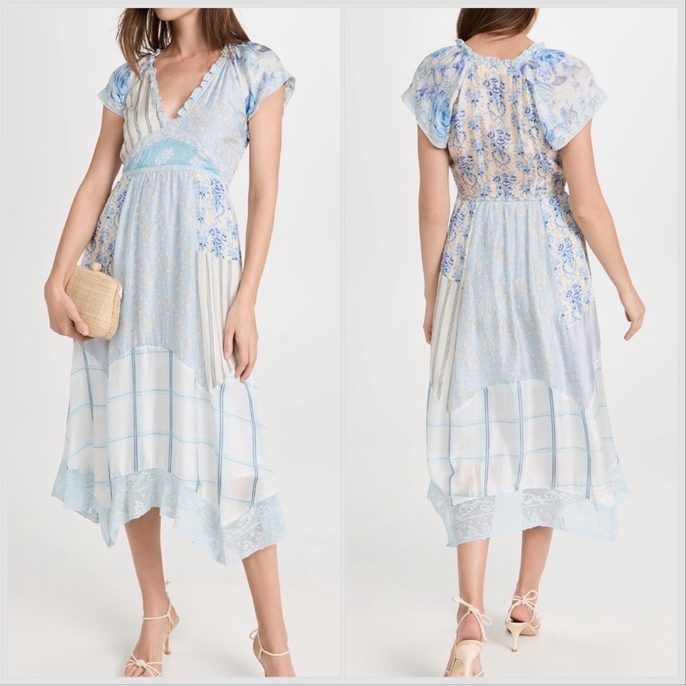 NWT LoveShackFancy Blue Tula Silk Patchwork Midi Ocean Spray Mist Print Dress 2